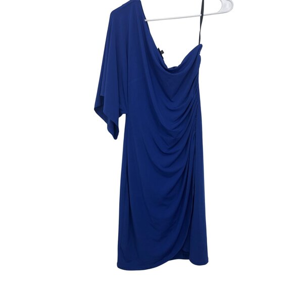 En Focus Studio Women Asymmetrical Blue Draped Mini Dress Size 6 One Sleeve - Picture 2 of 9